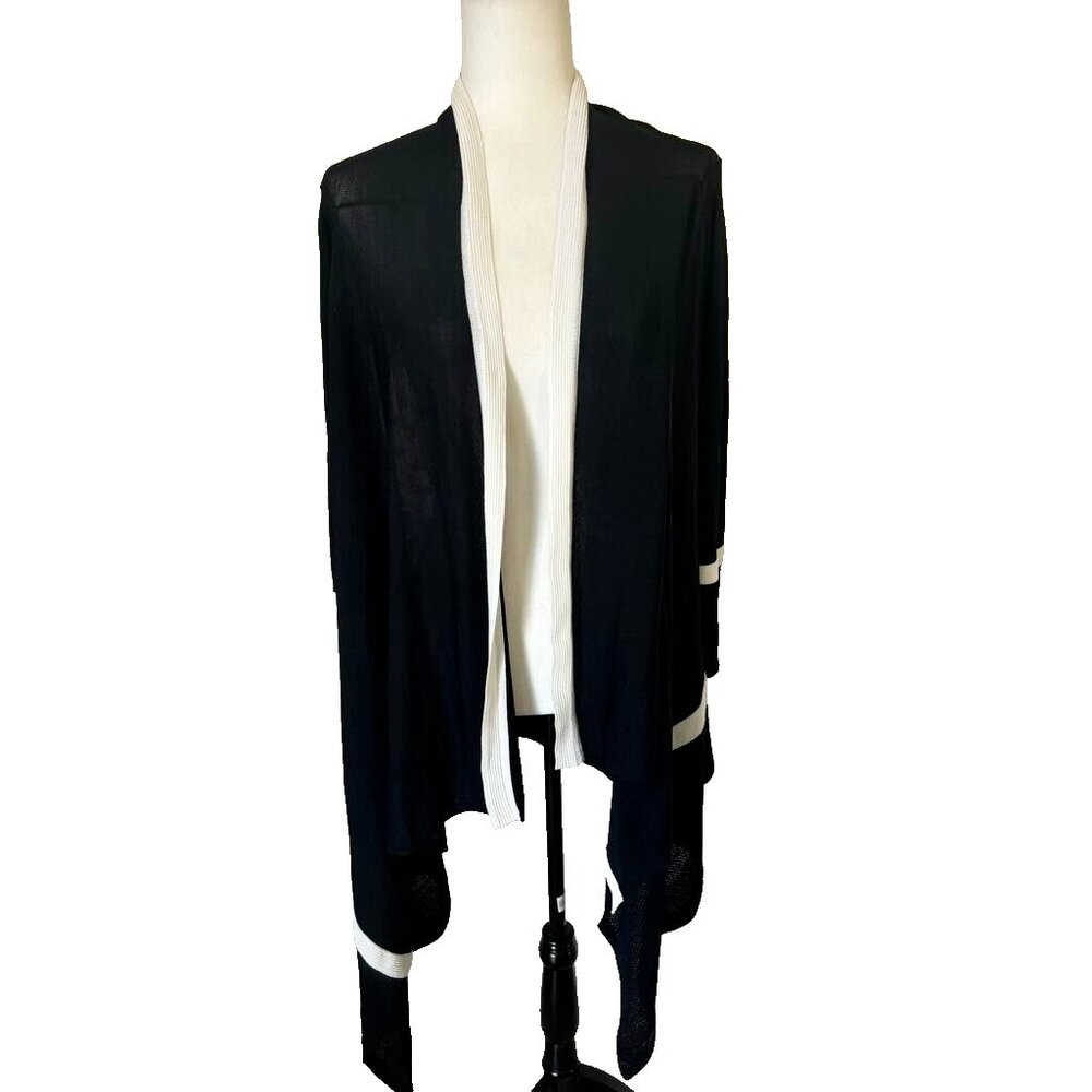 TONIA DEBELLIS Long Open Maxi Cardigan Size XS Black White Trim Mixed Knit